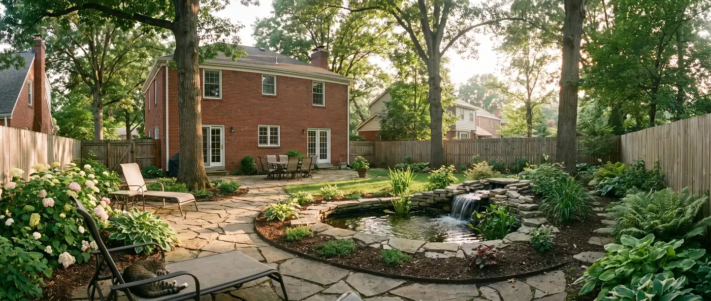 Brick home's backyard in a leafy St. Louis-area neighborhood with a stone patio and a small garden pond