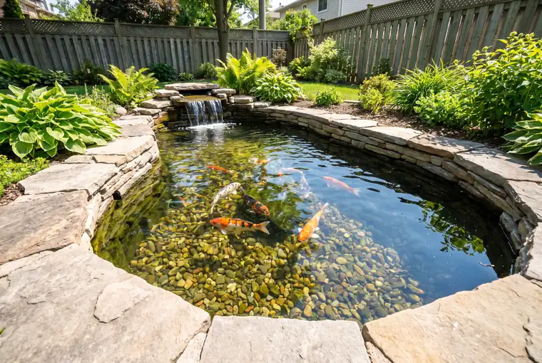 Illustration: the same pond with clear water, clean gravel and koi visible