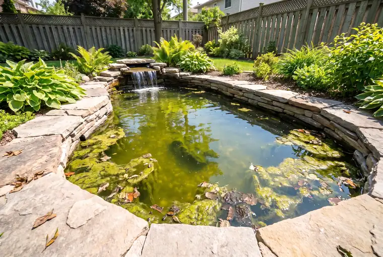 Illustration: murky green backyard pond with string algae and sunken leaves