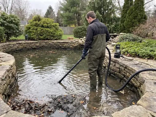 Pond technician in chest waders vacuuming sludge and leaves from a partly drained backyard pond with stacked stone walls