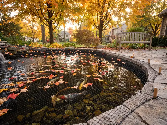 Koi pond covered with black leaf netting, red and orange maple leaves resting on the net in autumn