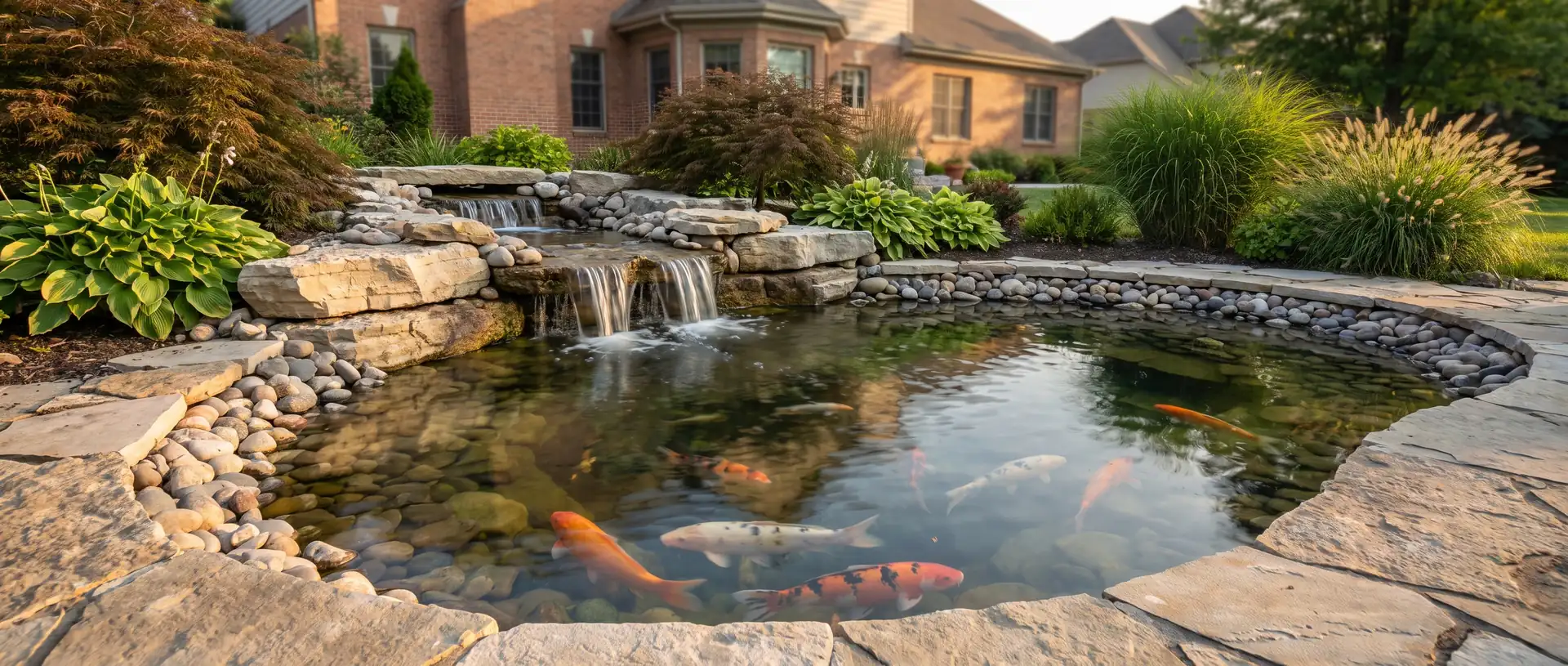Crystal-clear backyard koi pond with a stone waterfall, flagstone edging and koi swimming, brick house behind