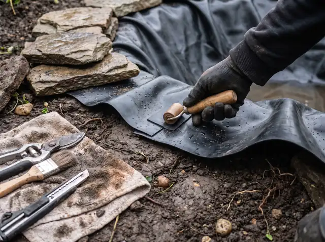 Gloved hand pressing a patch onto black rubber pond liner with a seam roller, edge stones lifted aside