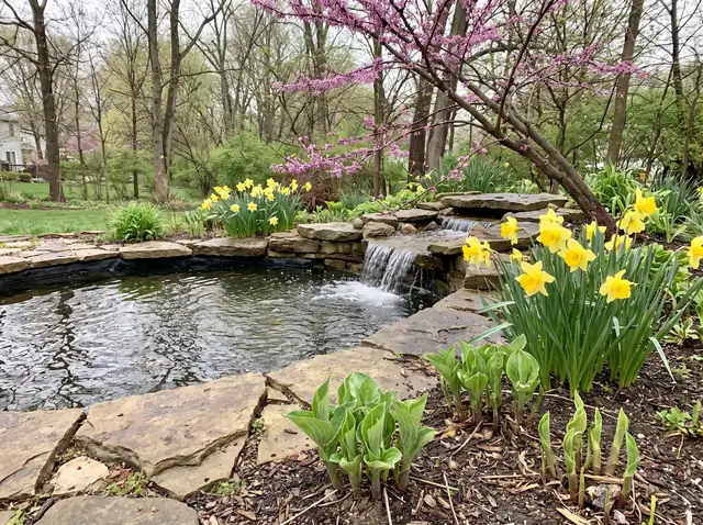 Backyard pond in early spring with a small waterfall, daffodils and a flowering redbud tree